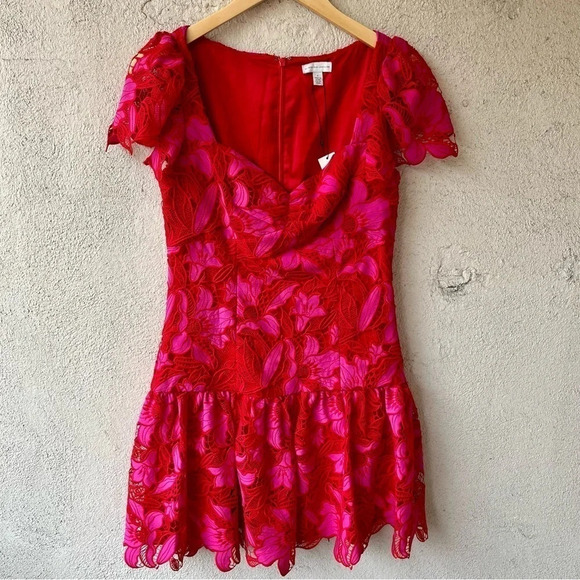 Monique Lhuillier Flutter Sleeve Guipure Lace Mini Dress Pink Size 6 - Picture 4 of 10